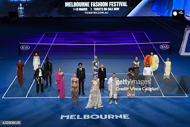 Models showcase Australia's most celebrated designers as they parade on Rod Laver Arena during day twelve of the 2017 Australian Open at Melbourne...