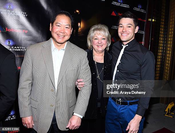 John Yoshihara, Denise Yoshihara and JJ Yosh attend the "Ancient Tomorrow" movie premiere at Ahrya Fine Arts Movie Theater on January 26, 2017 in...