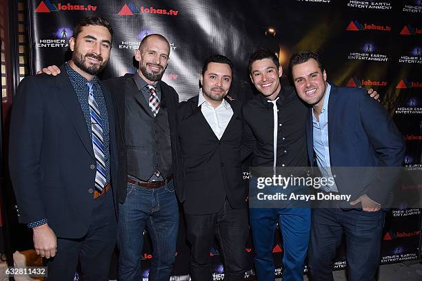 Nick Baird, Shawn Ingram, Ramon Govea, JJ Yosh and Oliver Ades attend the "Ancient Tomorrow" movie premiere at Ahrya Fine Arts Movie Theater on...