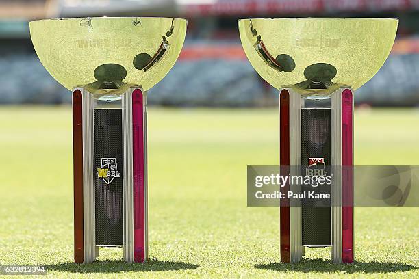 The WBBL and BBL trophies a presented on the field of play during a Big Bash League media opportunity at WACA on January 27, 2017 in Perth,...