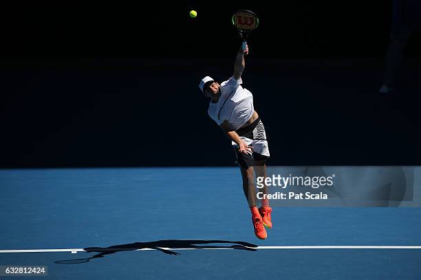 Yshai Oliel of Israel plays a shot in his junior boys semefinal match against Yibing Wu of China during the Australian Open 2017 Junior Championships...