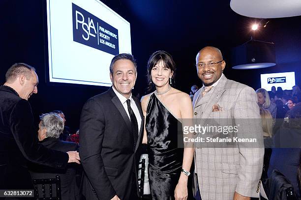 Joe Buscaino, Kelly Gores and Mike Gibson attend PSLA partners with Carolina Herrera for Winter Gala on January 26, 2017 in Beverly Hills, California.