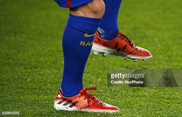 Leo Messi boots with the name of his wife, Anto, and the name of his son, Thiago, during the 1/4 final King Cup match between F.C. Barcelona v Real...