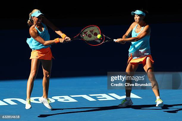 Andrea Hlavackova of the Czech Republic and Shuai Peng of China compete in their Women's Doubles Final match against Bethanie Mattek-Sands of the...