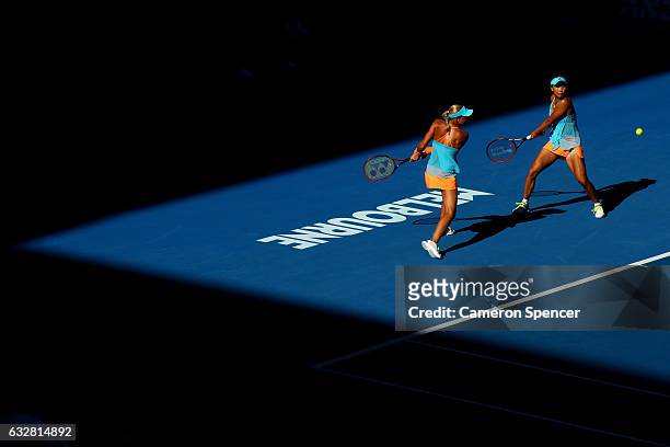 Andrea Hlavackova of the Czech Republic and Shuai Peng of China compete in their Women's Doubles Final match against Bethanie Mattek-Sands of the...