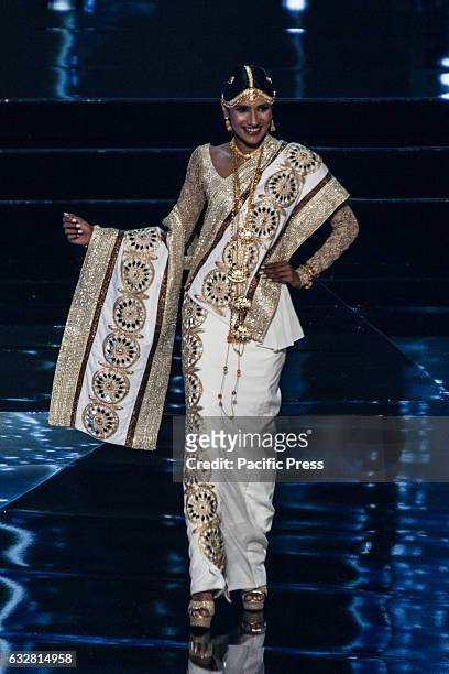 Miss Sri Lanka shows off her national costume at the Arena in Pasay City. Candidates from different countries showed off their national costumes...