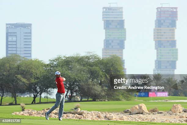 Bernd Wiesberger of Austria plays his second shot on the 18th hole during the second round of the Commercial Bank Qatar Masters at the Doha Golf Club...