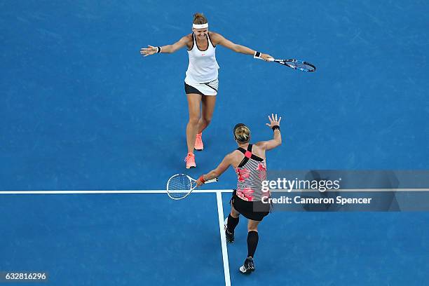 Bethanie Mattek-Sands of the United States and Lucie Safarova of the Czech Republic celebrate championship point in their Women's Doubles Final match...