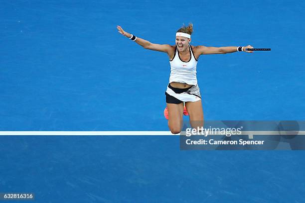 Lucie Safarova of the Czech Republic celebrates winning championship point in her Women's Doubles Final match with Bethanie Mattek-Sands of the...