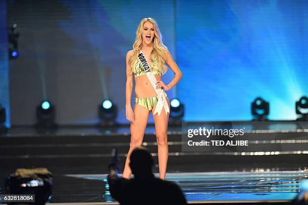 This photo taken on January 26, 2017 shows Miss Universe contestant Christina Waage of Norway in her swimsuit during the preliminary competition of...