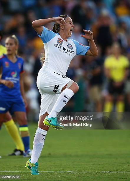 Amy Jackson of Melbourne City celebrates scoring a goal during the round 14 W-League match between the Newcastle Jets and Melbourne City FC at Coffs...