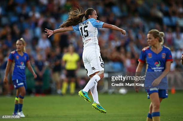 Amy Jackson of Melbourne City celebrates scoring a goal during the round 14 W-League match between the Newcastle Jets and Melbourne City FC at Coffs...
