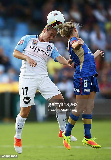 Marianna Tabain of Melbourne City is challenged by Cassidy Davis of the Jets during the round 14 W-League match between the Newcastle Jets and...