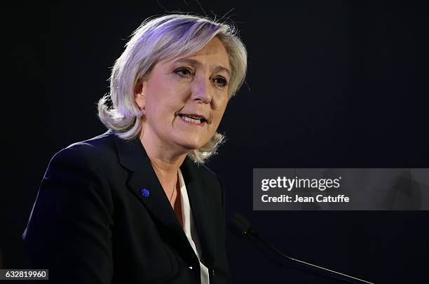 Marine Le Pen, French far-right political National Front party gives a press conference about 'sustainable development' at Hyatt Regency Paris Etoile...