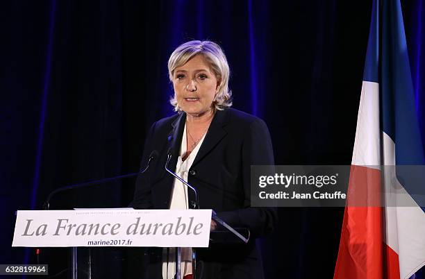 Marine Le Pen, French far-right political National Front party gives a press conference about 'sustainable development' at Hyatt Regency Paris Etoile...