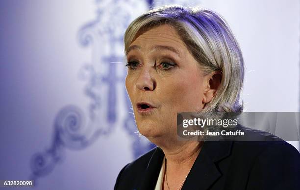 Marine Le Pen, French far-right political National Front party gives a press conference about 'sustainable development' at Hyatt Regency Paris Etoile...