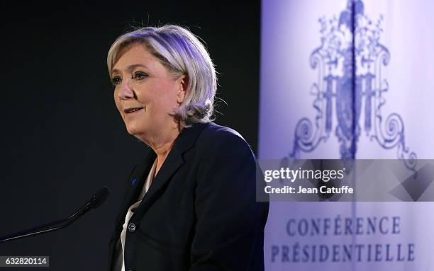 Marine Le Pen, French far-right political National Front party gives a press conference about 'sustainable development' at Hyatt Regency Paris Etoile...