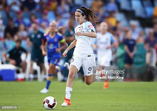 Erika Tymrak of Melbourne City controls the ball during the round 14 W-League match between the Newcastle Jets and Melbourne City FC at Coffs Harbour...