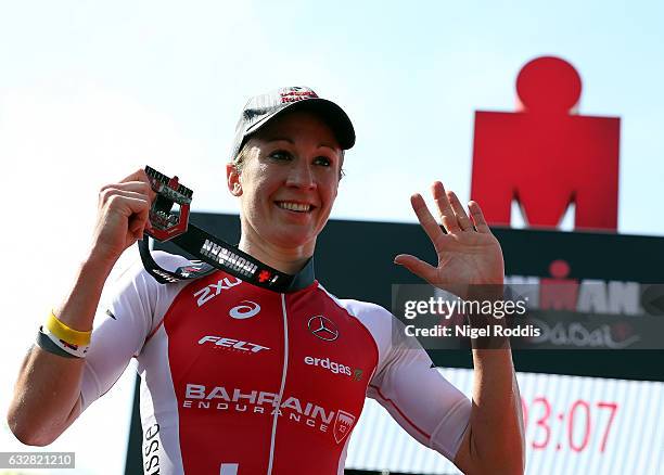 Daniela Ryf of Switzerland celebrates winning the womens race at Ironman 70.3 - Dubai on January 27, 2017 in Dubai, United Arab Emirates.