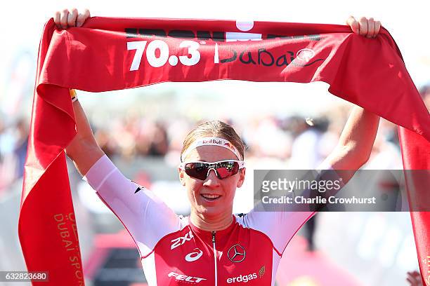 Daniela Ryf of Switzerland celebrates winning the womens race during the Ironman 70.3 - Dubai on January 27, 2017 in Dubai, United Arab Emirates.