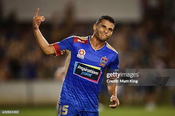 Andrew Nabbout of the Jets celebrates scoring the first goal during the round 17 A-League match between the Newcastle Jets and Melbourne City at...