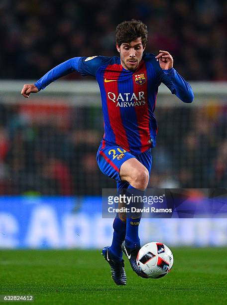 Sergi Roberto of FC Barcelona runs with the ball during the Copa del Rey quarter-final second leg match between FC Barcelona and Real Sociedad at...