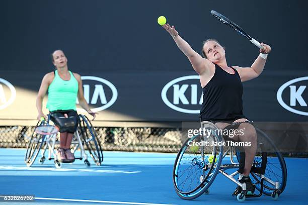 Jiske Griffioen and Aniek Van Koot of the Netherlands compete in their doubles final match against Diede De Groot of the Netherlands and Yui Kamiji...