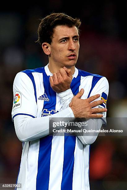 Mikel Oyarzabal of Real Sociedad reacts during the Copa del Rey quarter-final second leg match between FC Barcelona and Real Sociedad at Camp Nou on...