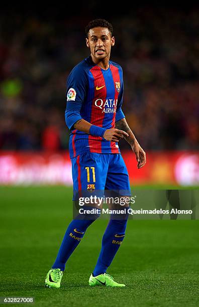 Neymar JR of Barcelona reacts during the Copa del Rey quarter-final second leg match between FC Barcelona and Real Sociedad at Camp Nou on January...