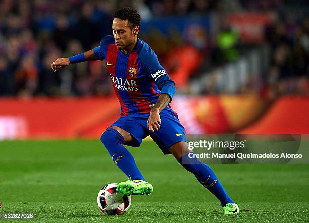 Neymar JR of Barcelona in action during the Copa del Rey quarter-final second leg match between FC Barcelona and Real Sociedad at Camp Nou on January...