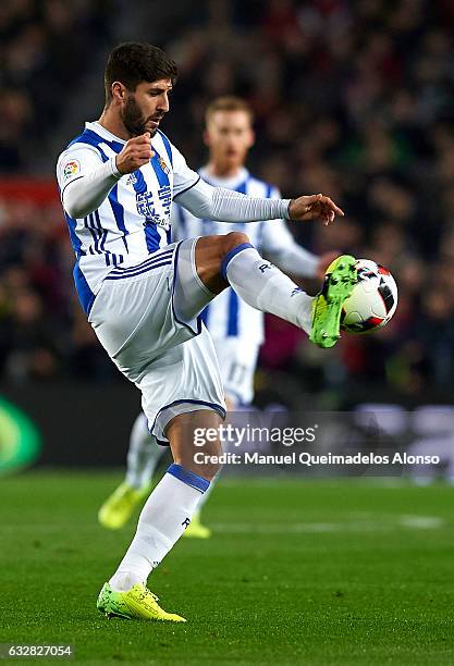 Raul Navas of Real Sociedad in action during the Copa del Rey quarter-final second leg match between FC Barcelona and Real Sociedad at Camp Nou on...