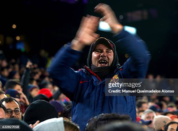 Barcelona fan shows the support during the Copa del Rey quarter-final second leg match between FC Barcelona and Real Sociedad at Camp Nou on January...
