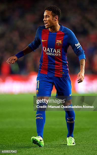 Neymar JR of Barcelona reacts during the Copa del Rey quarter-final second leg match between FC Barcelona and Real Sociedad at Camp Nou on January...