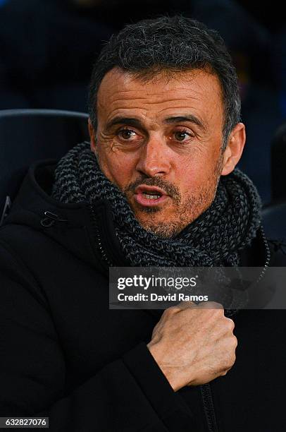 Head coach Luis Enrique of FC Barcelona looks on during the Copa del Rey quarter-final second leg match between FC Barcelona and Real Sociedad at...