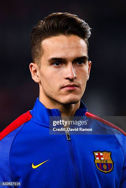 Denis Suarez of FC Barcelona looks on prior to kick-off during the Copa del Rey quarter-final second leg match between FC Barcelona and Real Sociedad...