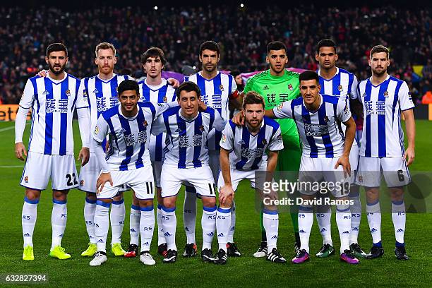 Real Sociedad players pose for a team picture prior to kick-off during the Copa del Rey quarter-final second leg match between FC Barcelona and Real...