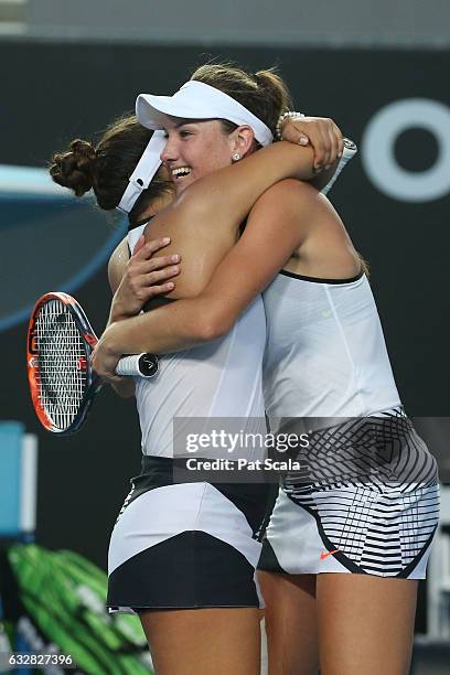 Bianca Vanessa Andreescu of Canada and Carson Branstine of the United States celebrate winning their Junior Girls' Doubles Final match against Maja...