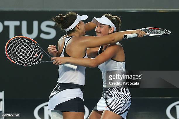 Bianca Vanessa Andreescu of Canada and Carson Branstine of the United States celebrate winning their Junior Girls' Doubles Final match against Maja...