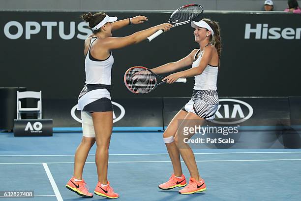 Bianca Vanessa Andreescu of Canada and Carson Branstine of the United States celebrate winning their Junior Girls' Doubles Final match against Maja...