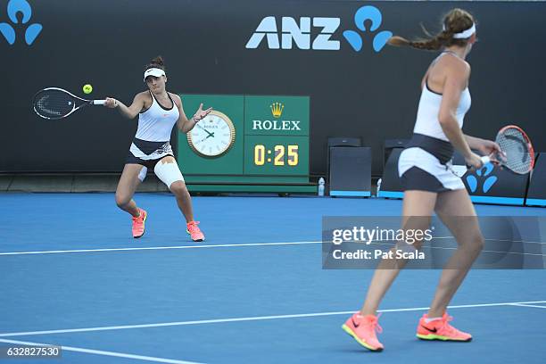 Bianca Vanessa Andreescu of Canada and Carson Branstine of the United States compete in their Junior Girls' Doubles Final match against Maja...