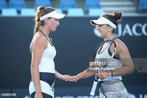 Bianca Vanessa Andreescu of Canada and Carson Branstine of the United States compete in their Junior Girls' Doubles Final match against Maja...