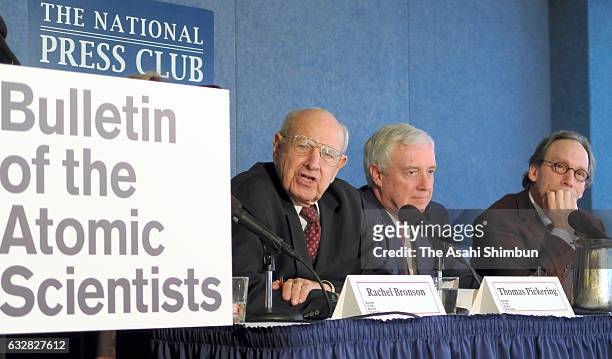 Members of the Bulletin of Atomic Scientists unveil the 2017 time for the "Doomsday Clock" January 26, 2017 in Washington, DC. For the first time in...