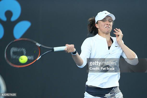 Maja Chwalinska and Iga Swiatek of Poland compete in their Junior Girls' Doubles Final match against Bianca Vanessa Andreescu of Canada and Carson...