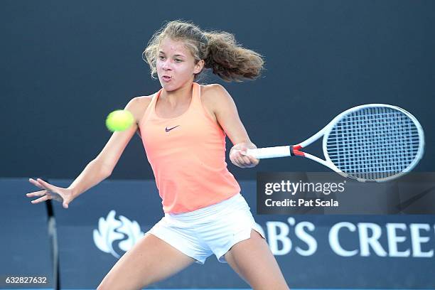 Maja Chwalinska and Iga Swiatek of Poland compete in their Junior Girls' Doubles Final match against Bianca Vanessa Andreescu of Canada and Carson...