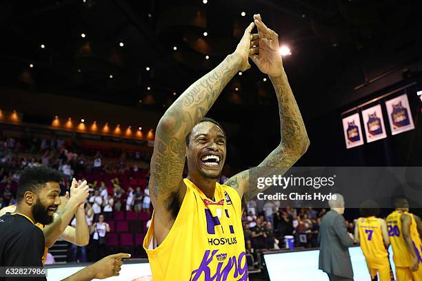 Greg Whittington of the Kings celebrates winning the round 17 NBL match between the Brisbane Bullets and the Sydney Kings at the Brisbane Convention...