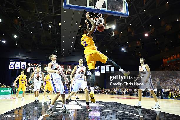Greg Whittington of the Kings dunks during the round 17 NBL match between the Brisbane Bullets and the Sydney Kings at the Brisbane Convention &...