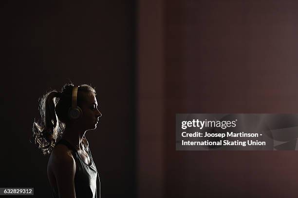 Victoria Sinitsina of Russia warms up during day 3 of the European Figure Skating Championships at Ostravar Arena on January 27, 2017 in Ostrava,...