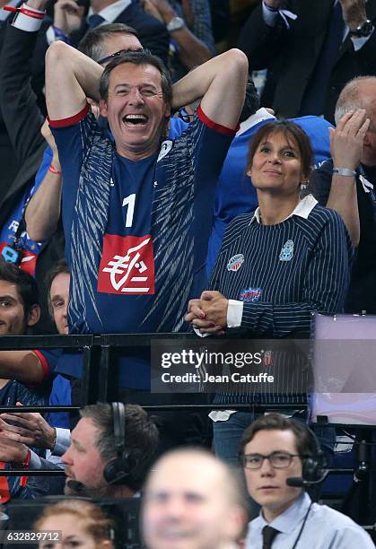 Jean-Luc Reichmann and his wife Nathalie Reichmann attend the 25th IHF Men's World Championship 2017 Semi Final handball match between France and...