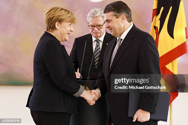 German Chanellor Angela Merkel, German President Joachim Gauck, German Minister for Economics, Sigmar Gabriel, attend a ceremony at Bellevue Palace...