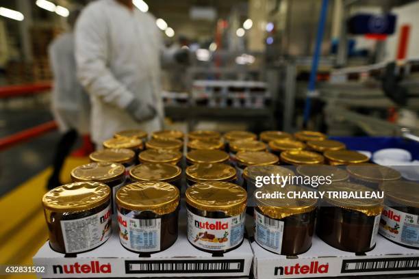 Picture taken on January 27, 2017 in the Ferrero plant in Villers-Ecalles, northwestern France shows Nutella pots. The Ferrero plant of...